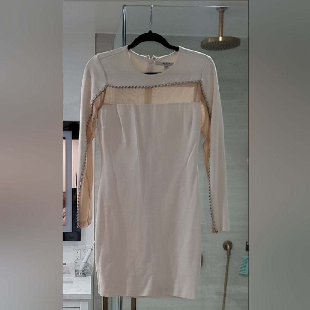 Guess Cream Long Sleeve Dress with Silver Pearl Accents